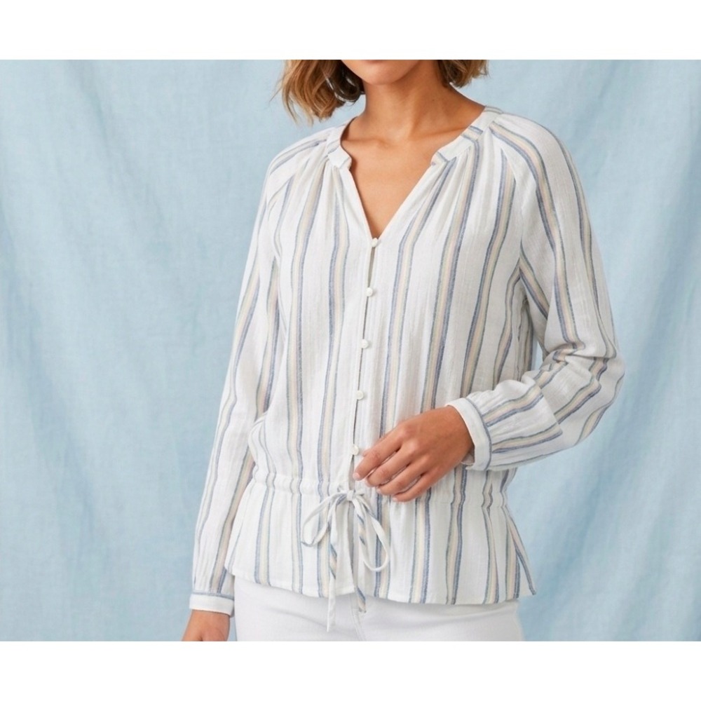 Rails Marti Ryland Stripe Blouse Size XL White Blue Linen Blend Peplum